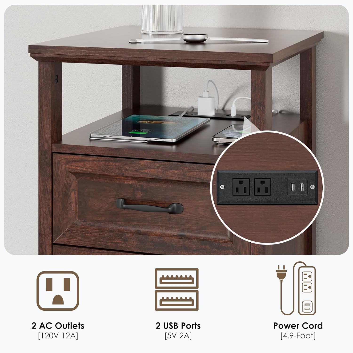 HOMMPA 18'' W Farmhouse Nightstand with Charging Station, Bedside Tables with Open Shelf, 2 Drawers End Table Dresser Side Table, Wood Night Stand for Bedroom, Cherry