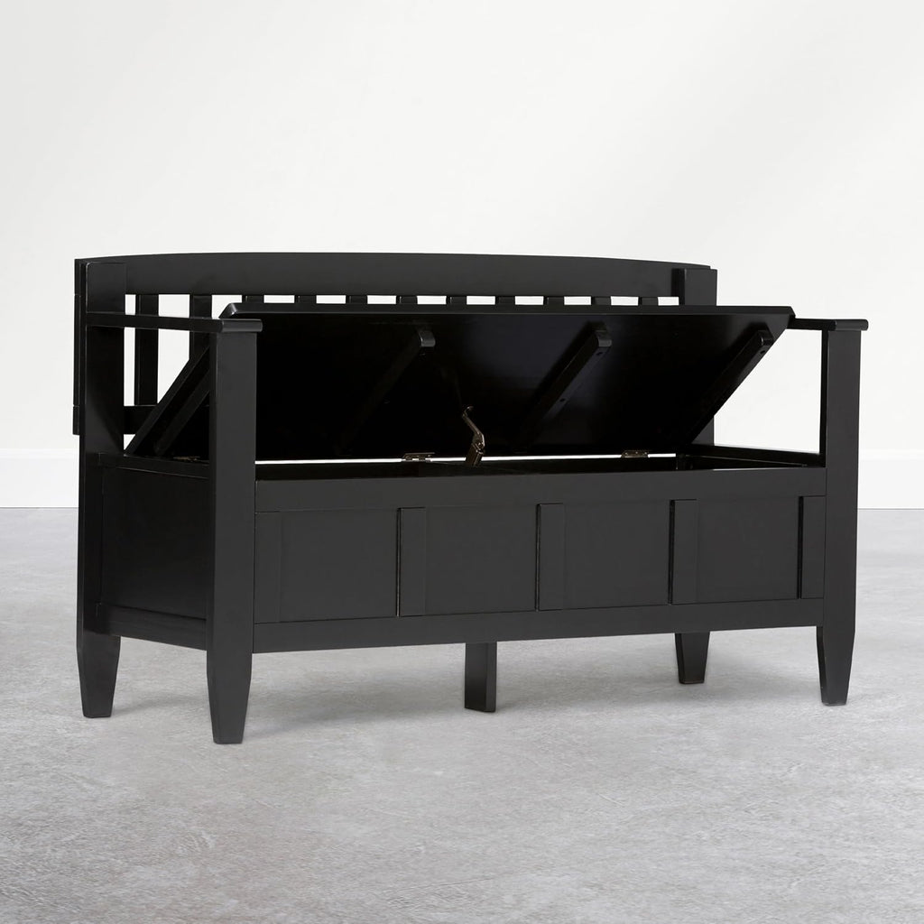SIMPLIHOME Brooklyn Entryway Storage Bench - 48 inch Wide Solid Wood Storage Seat in Deep Black, Contemporary Bench for Entryway or Living Room with Lift-Up Lid and Slatted Backrest