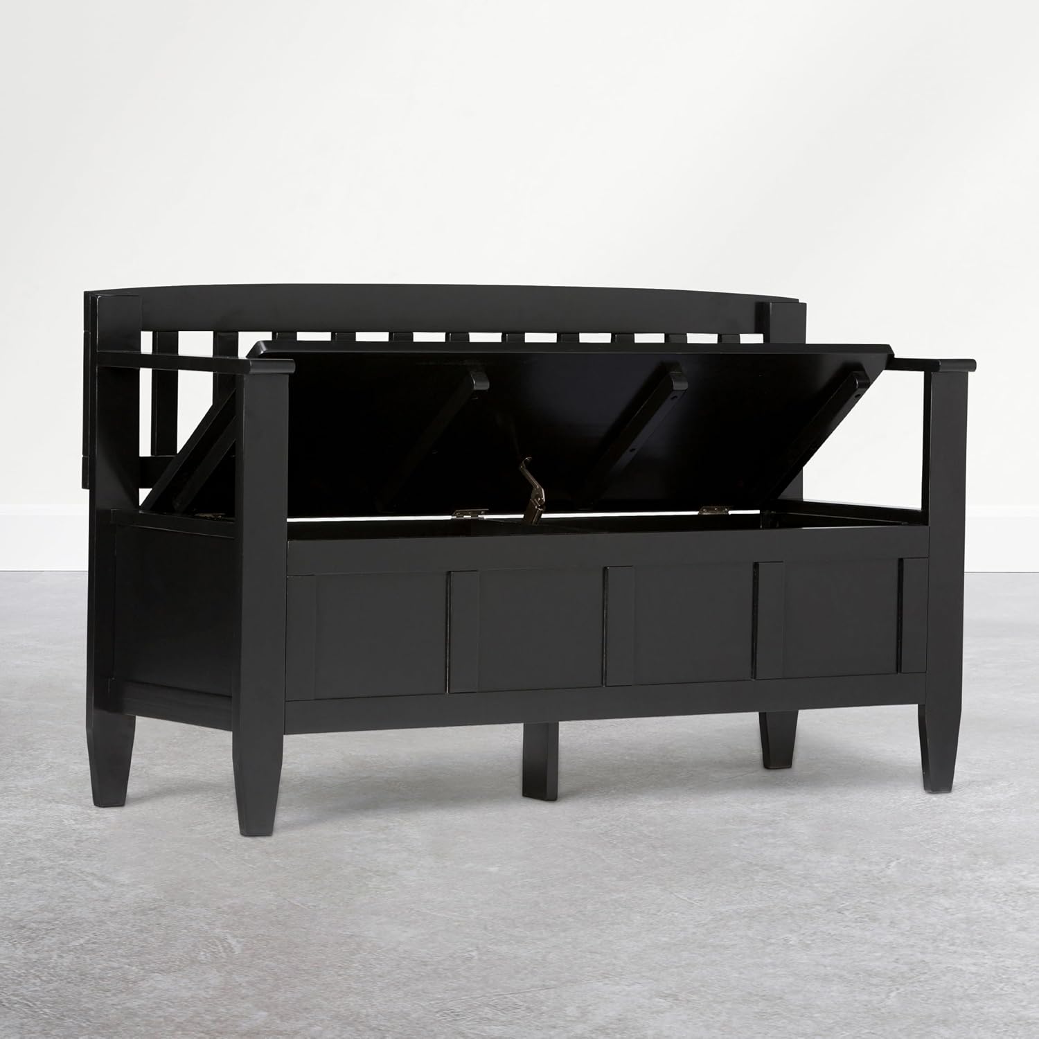 SIMPLIHOME Brooklyn Entryway Storage Bench - 48 inch Wide Solid Wood Storage Seat in Deep Black, Contemporary Bench for Entryway or Living Room with Lift-Up Lid and Slatted Backrest