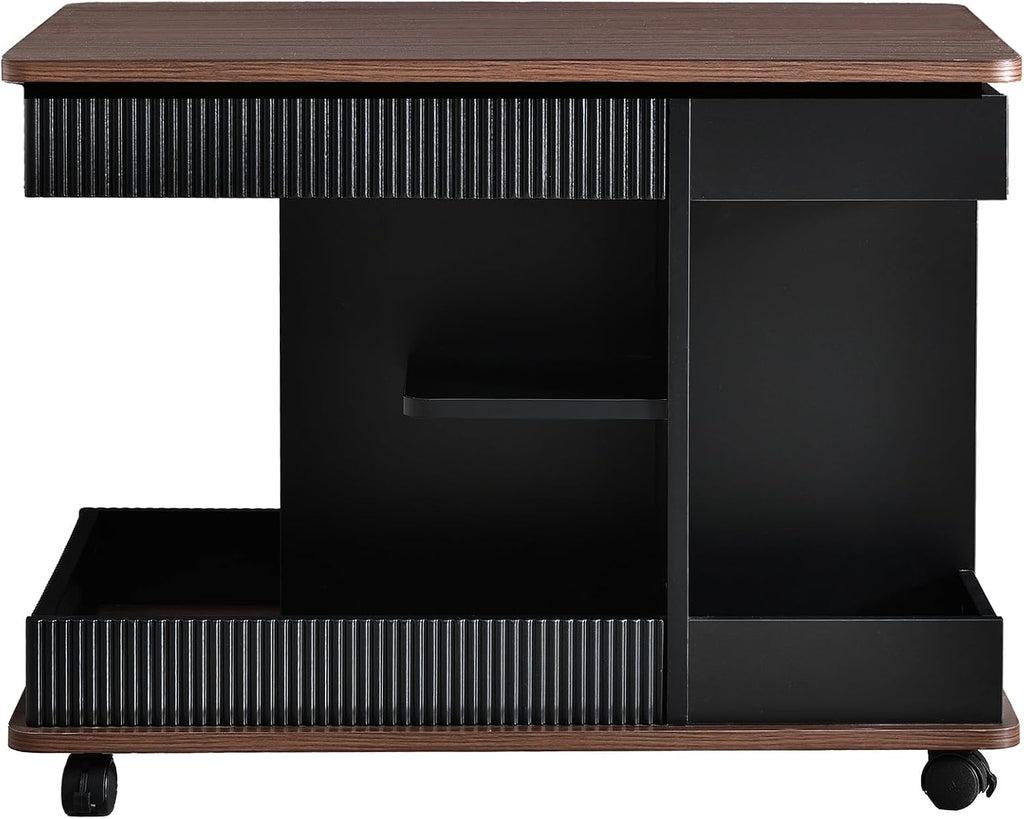 Adjustable Lift-Top End Table with Storage, 360° Rotating Design & Lockable Casters - Modern Mobile Side Table for Living Room, Bedroom, Small Spaces (Black+Brown)