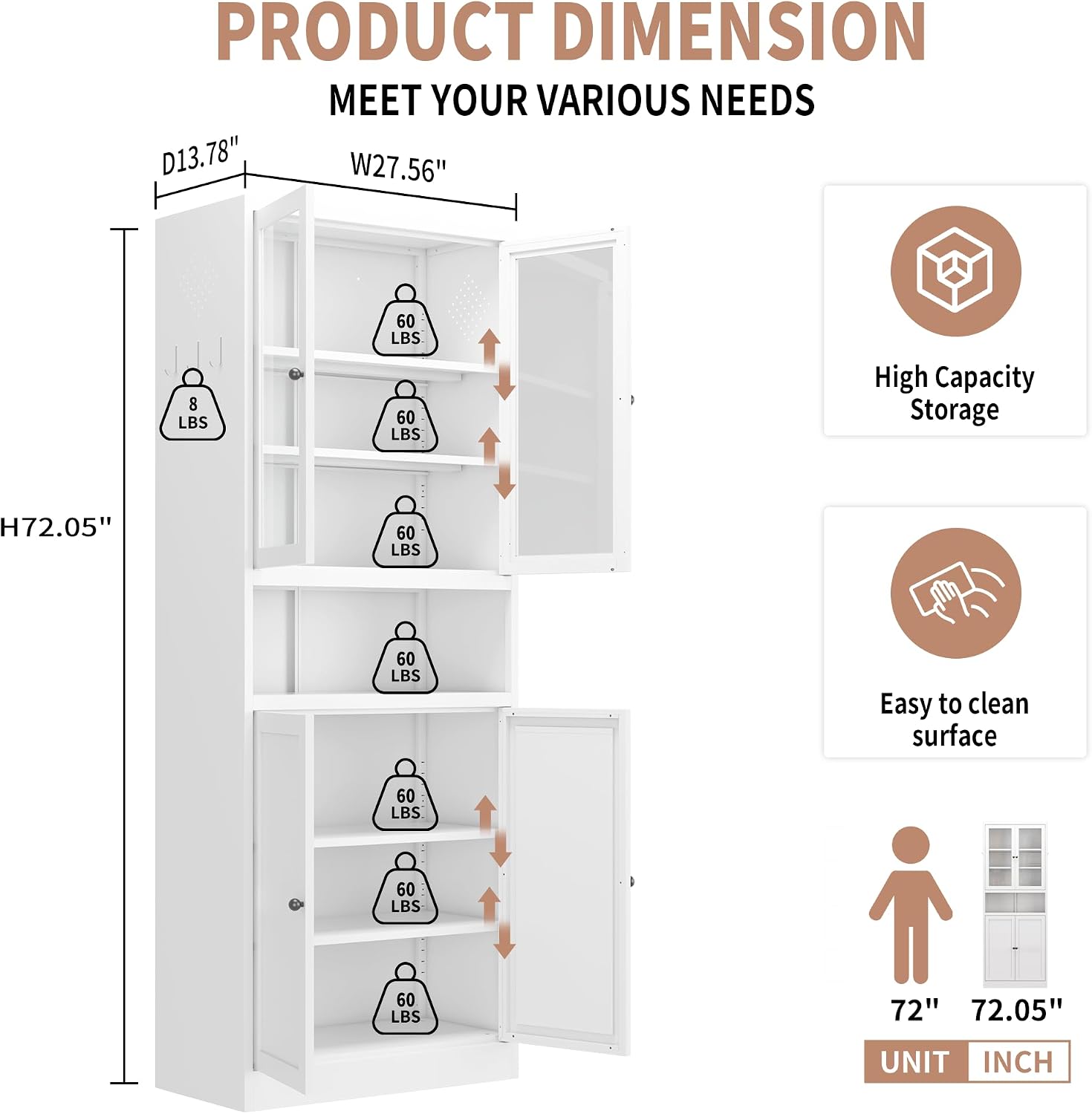 Havemies Modern White Metal Pantry Cabinet - 72" Freestanding Multifunctional Storage for Decluttering Kitchen, Pantry, Bathroom & Laundry Room