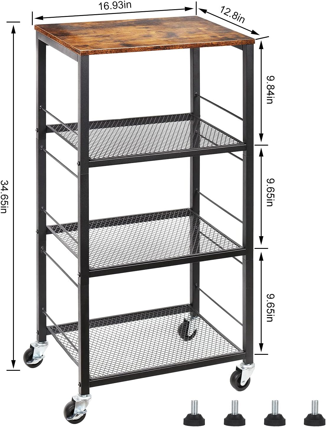 CADUKE Kitchen Storage Cart Baker's Rack 4-Tier Industrial Wood | Kitchen Island Stand, Serving Bar Cart, on Wheel, MDF, End Side Table Storage, Trolley Rack, for Bedside, Bathroom, Office