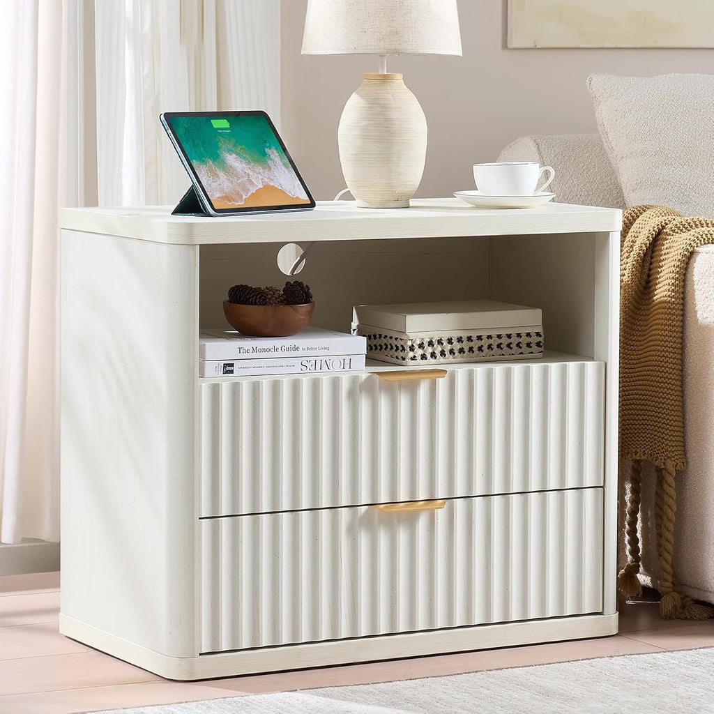 LEYAOYAO 31" Wide Fluted Nightstand Set of 2 with Charging Station, Oversized Extra Large 2 Drawers Night Stand, Antique White Bedside Table,Tall End Tables,Modern Chest of Drawer Dressers for Bedroom