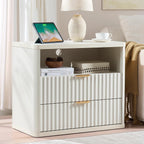 LEYAOYAO 31" Wide Fluted Nightstand Set of 2 with Charging Station, Oversized Extra Large 2 Drawers Night Stand, Antique White Bedside Table,Tall End Tables,Modern Chest of Drawer Dressers for Bedroom