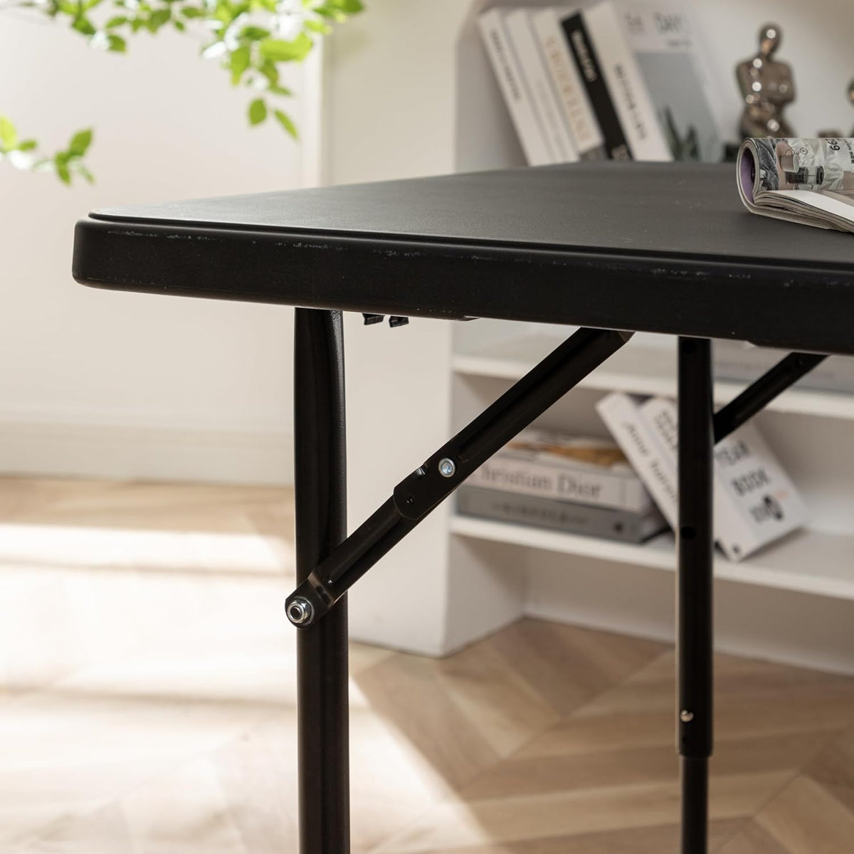 BTEXPERT 4 Foot Fold-in-Half Folding Utility Table, Height Adjustable Portable Plastic Table w/Carry Handles, Lightweight Commercial Grade Indoor Outdoor for Picnic, Camping, Office Home Party Black