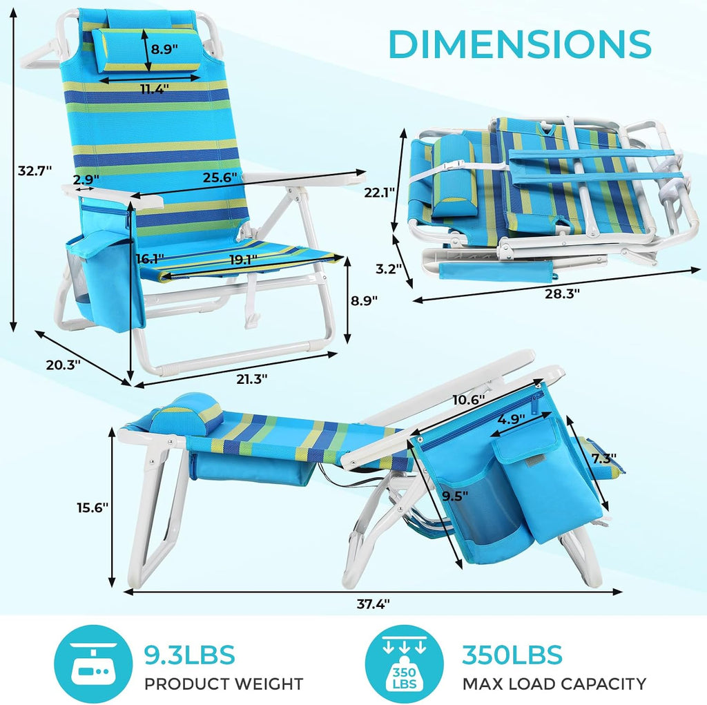 TLSUNNY 25" W Low Beach Chair for Adults W/5-Position Lay Flat & Cooler Pouch, Folding Backpack Beach Chair W/Headrest, Storage Bag, Towel Bar, Foot Mat, for Camping,350LBS(2, Blue/Green, 8.9″)