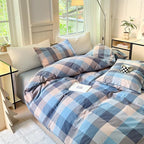 FACE TWO FACE Bedding Duvet Cover Set100% Washed Cotton Duvet Cover Linen Like Textured Breathable Durable Soft Comfy (King, Cardamom Blue Grid)
