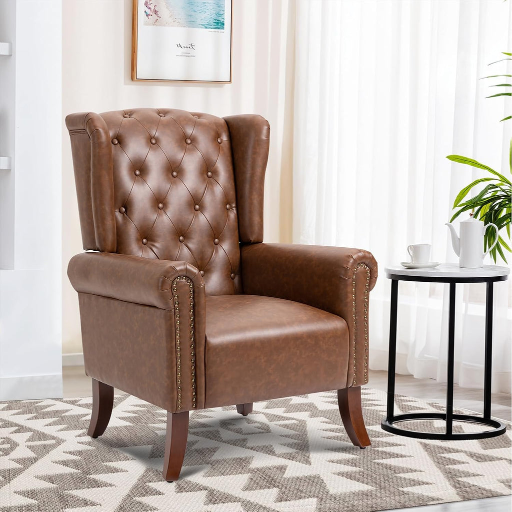 Faux Leather Accent Chair, Mid-Century Armchair Upholstered Club Sofa Chair with Wooden Legs, High Back Living Room Chair for Bedroom, Office, Lounge (Brown)