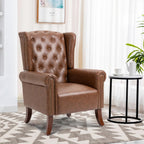 Faux Leather Accent Chair, Mid-Century Armchair Upholstered Club Sofa Chair with Wooden Legs, High Back Living Room Chair for Bedroom, Office, Lounge (Brown)