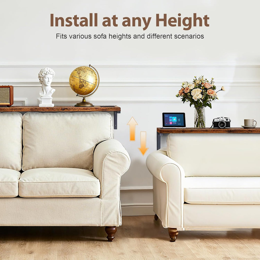 70.8" Narrow Console Table with Outlet, 5.9" Sofa Table Behind Couch Wall Mounted, 2 Pack with 4 Power Outlets 4 USB-C Ports 4.9ft Cord for Entryway, Hallway, Living Room, Rustic Brown