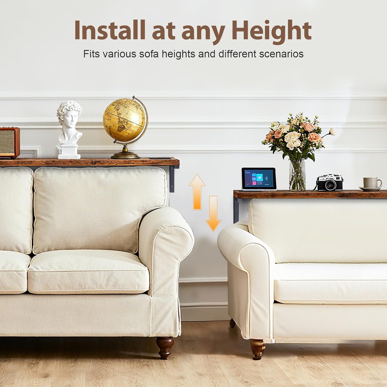 70.8" Narrow Console Table with Outlet, 5.9" Sofa Table Behind Couch Wall Mounted, 2 Pack with 4 Power Outlets 4 USB-C Ports 4.9ft Cord for Entryway, Hallway, Living Room, Rustic Brown
