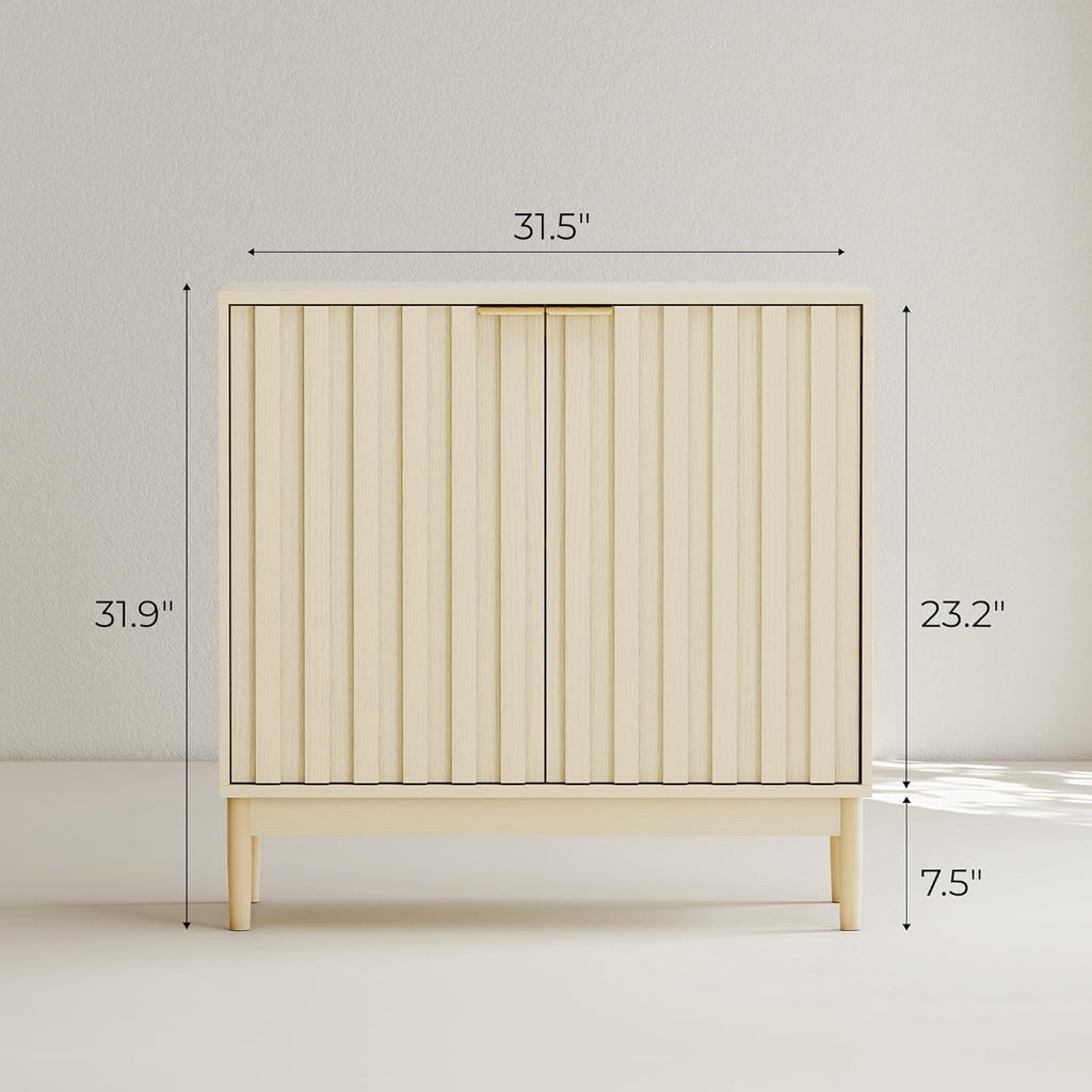 Fluted Cabinet with Storage, Buffet Cabinet Sideboard with 2 Doors, Beige Buffet Storage Accent Cabinets with Adjustable Shelves for Living Room, Entry, Hallway, Kitchen