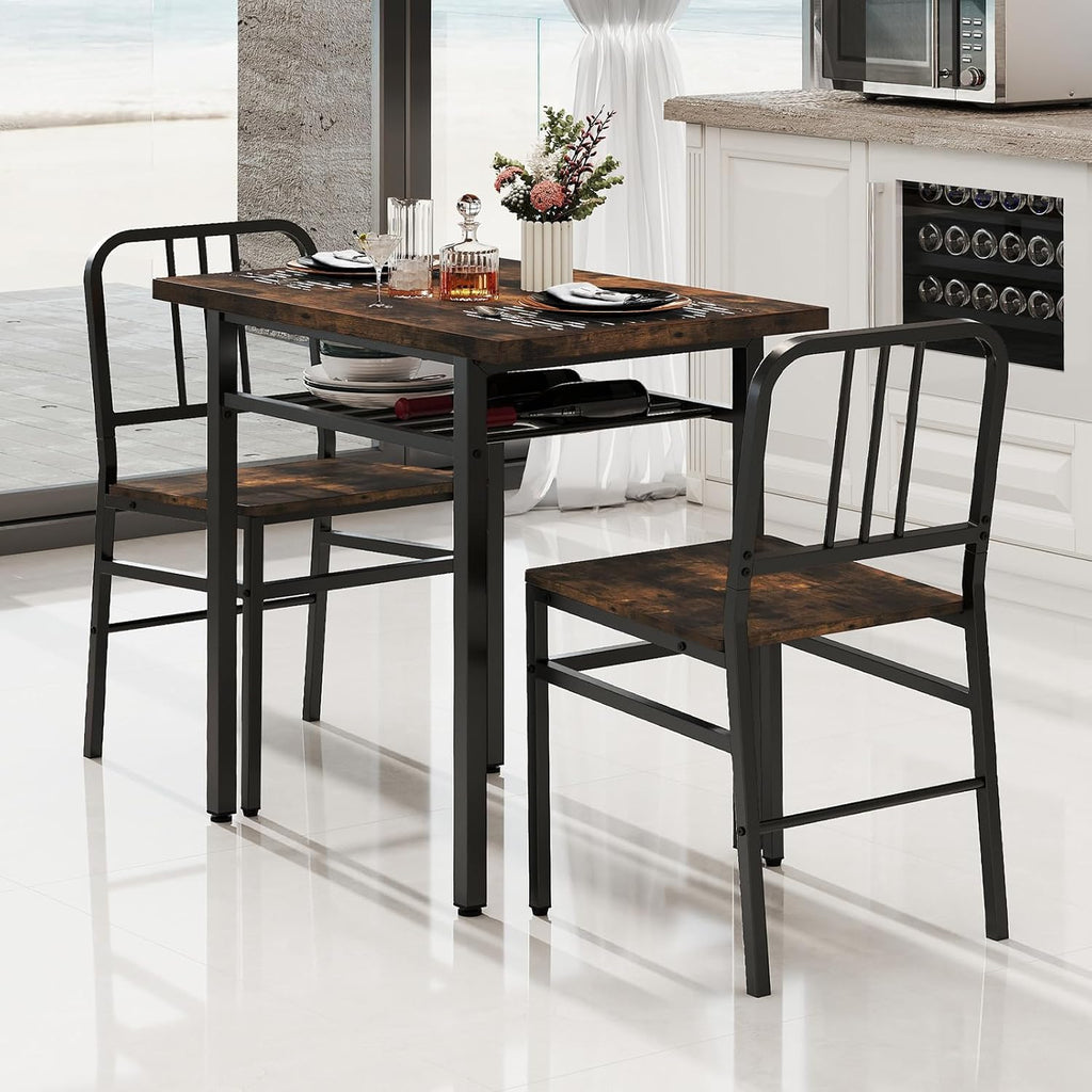 GOFLAME 3-Piece Dining Table Set for 2, Wooden Rectangular Kitchen Table and 2 Chairs with Storage Rack and Metal Frame, Space-Saving Dinette Set for Dining Room, Apartment, Small Space, Rustic Brown