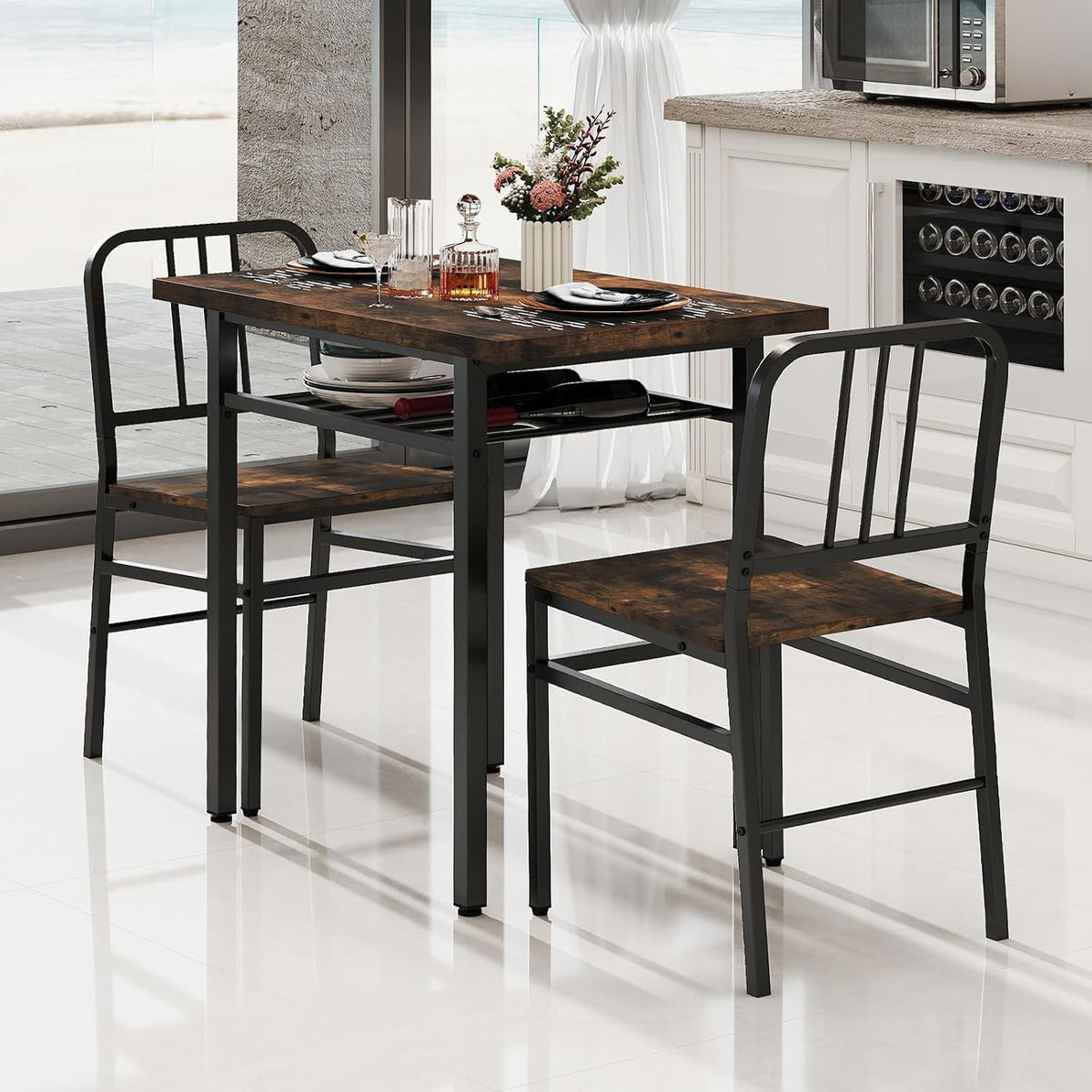 GOFLAME 3-Piece Dining Table Set for 2, Wooden Rectangular Kitchen Table and 2 Chairs with Storage Rack and Metal Frame, Space-Saving Dinette Set for Dining Room, Apartment, Small Space, Rustic Brown