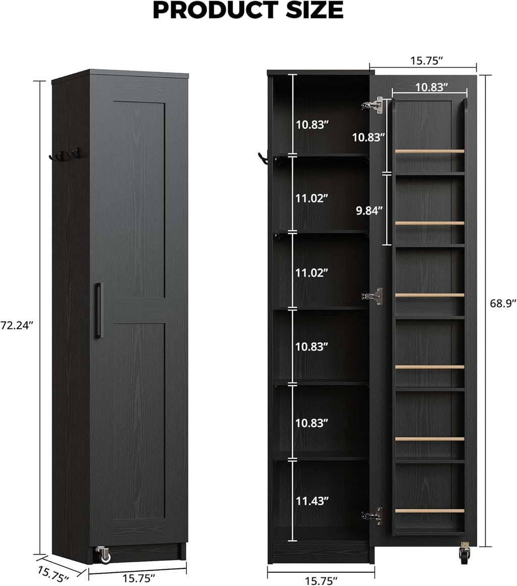 IRONCK Narrow Kitchen Pantry Storage Cabinet, 72" Slim Single Door with 6 Adjustable Shelves, Door Rack and Wheels, Space Saving Freestanding Storage Floor Cabinet for Small Place, Black