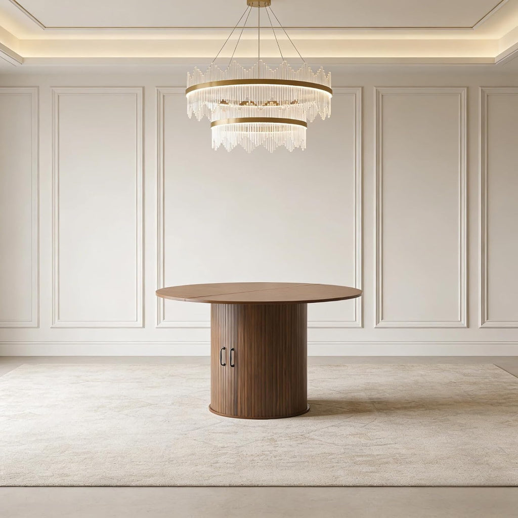Round Dining Table with Storage Cabinet, Wood Kitchen Table with Double Doors & 2-Tier Storage Shelves, Cylindrical Pedestal Table for Small Spaces, Living Room, Seat for 4-6 People, Walnut