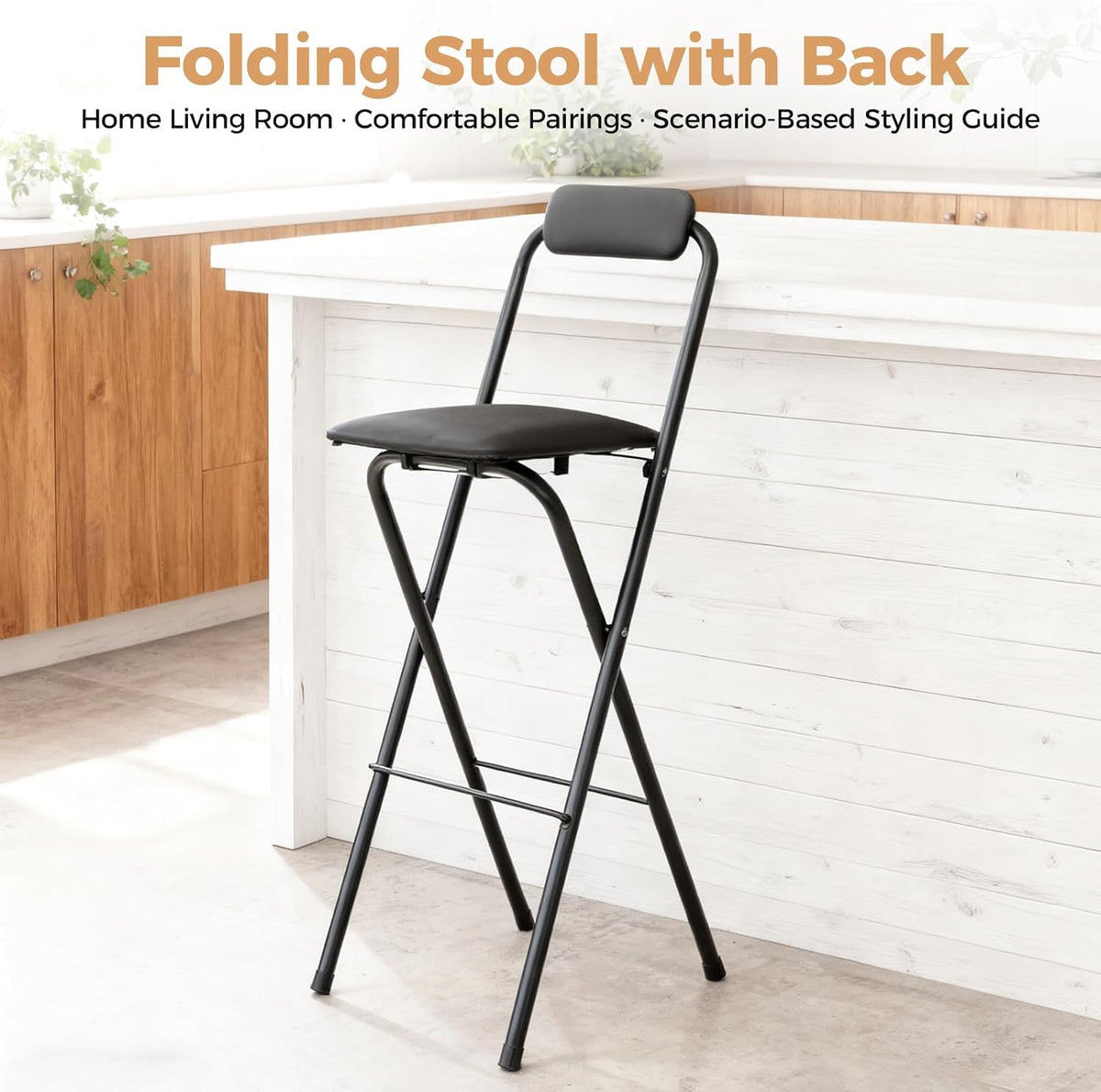 Folding Stool, Cushioned Padded Folding Stool Portable Bar Stool with Back for Camping Kitchen Home Office, Tall Bar Collapsible Stools (Black, 1Pcs 29.53in)