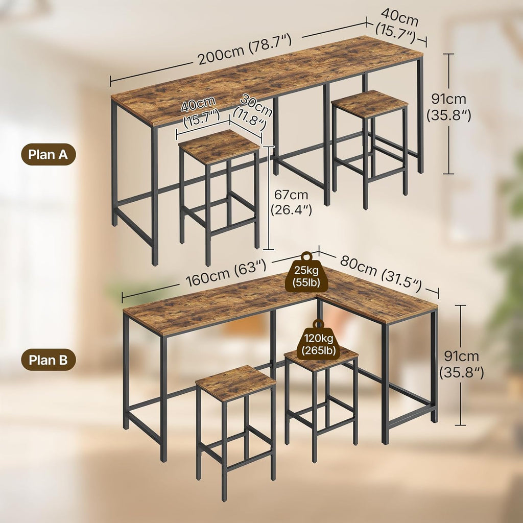 YATINEY L-Shaped Bar Table Chairs Set, 78.7" Bar Height Table and 2 Chairs, Convertible Bar Table with Stools for Kitchen, Corner, Apartment, Easy to Assemble, Rustic Brown and Black BT14BR