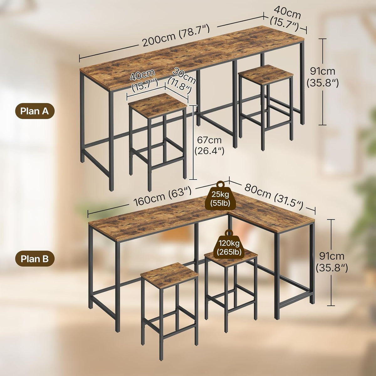YATINEY L-Shaped Bar Table Chairs Set, 78.7" Bar Height Table and 2 Chairs, Convertible Bar Table with Stools for Kitchen, Corner, Apartment, Easy to Assemble, Rustic Brown and Black BT14BR