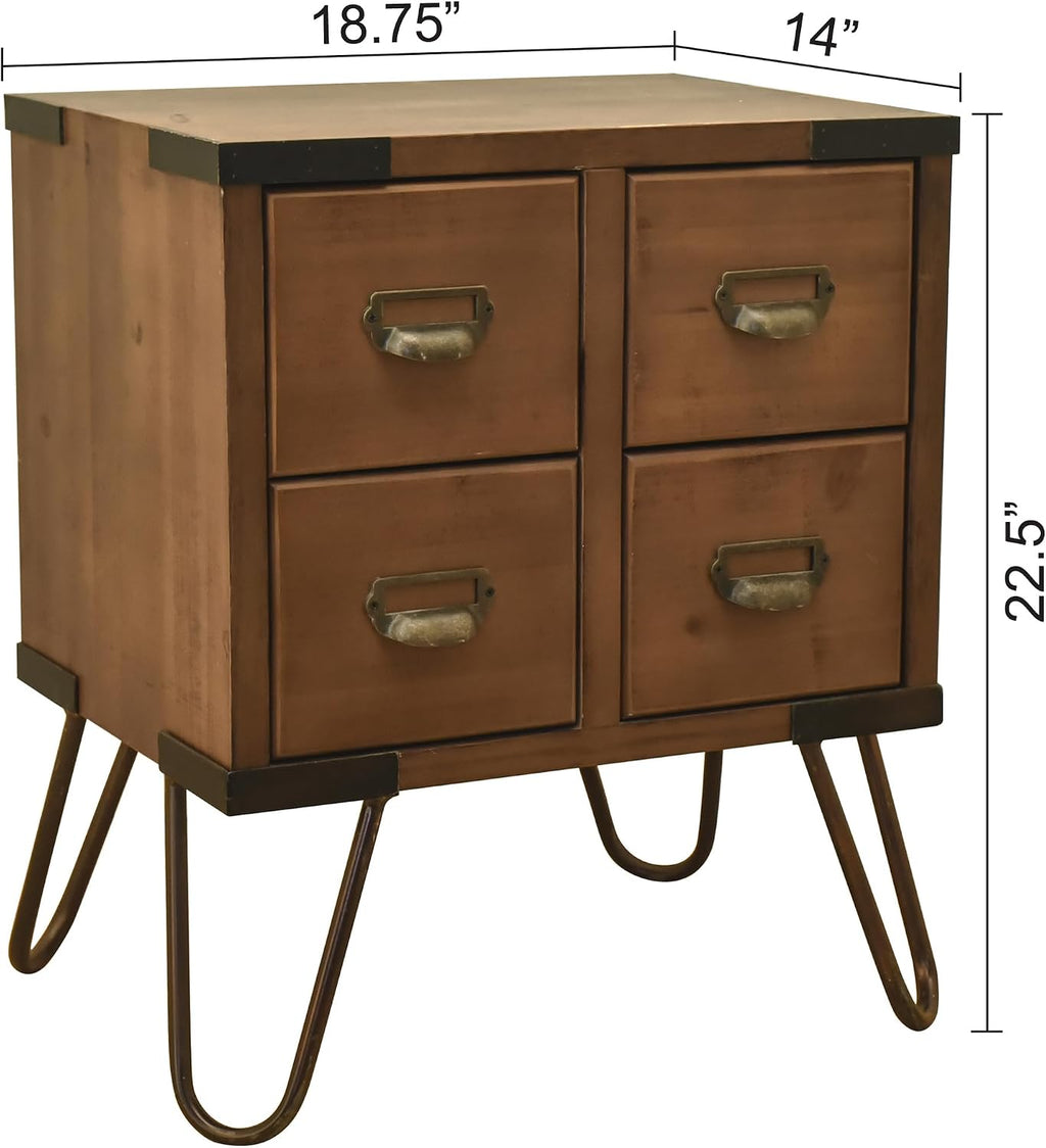 eHemco Antique Style 4-Drawer Storage End Table Side Table with Metal Hairpin Legs, Antique Walnut