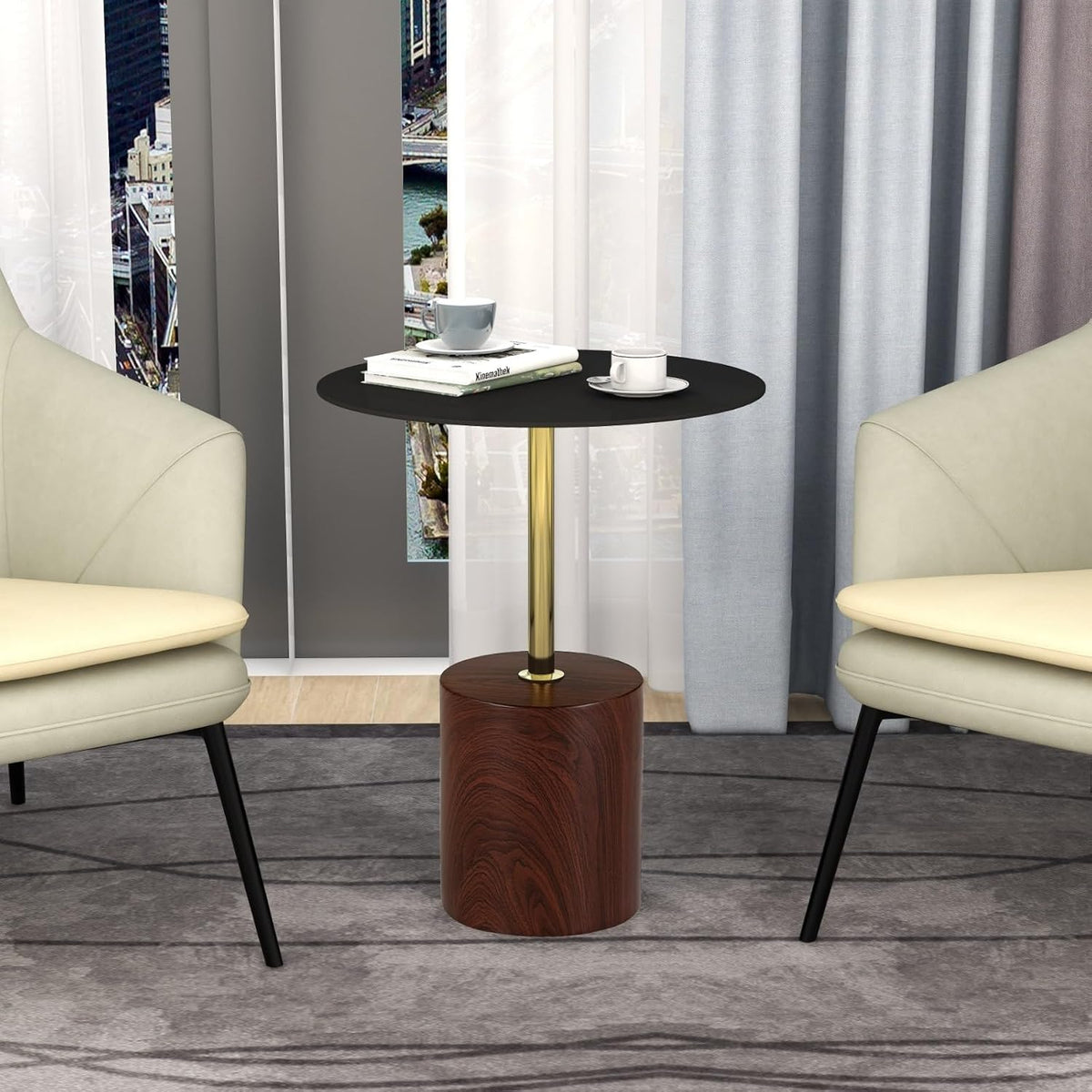 LeisureMod Round Side Table with Modern Stainless Steel Pedestal Base, Chic Accent End Table and Multi-Functional Indoor Nightstand for Living Room, Bedroom, Sofa or Small Spaces, Brown