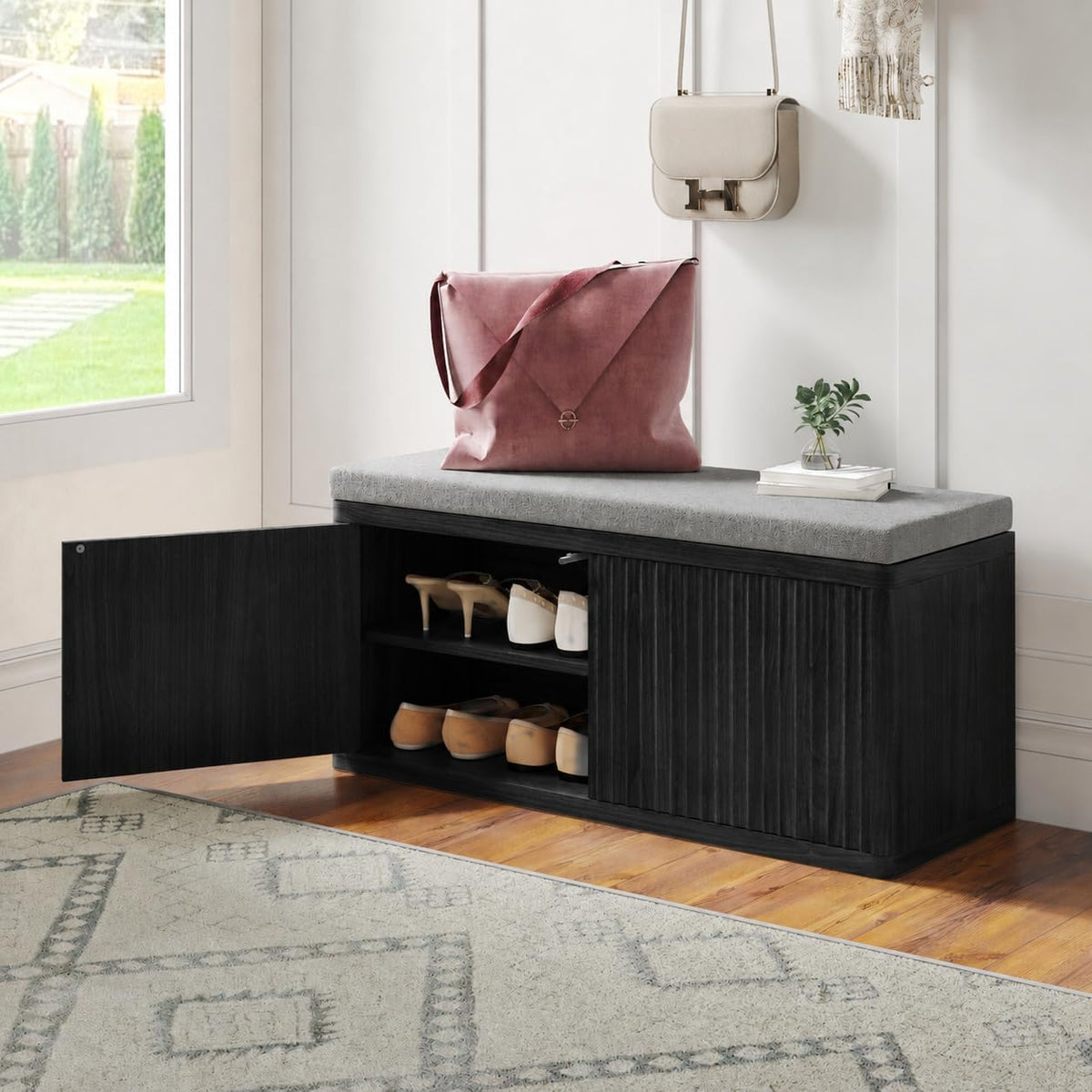 Entryway Shoe Storage Bench with 2" Cushion, 37.4" Small Bench with Shoe Rack, Cabinet Organizer for Hallway, Bedroom End of Bed (Black)