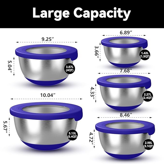 Stainless Steel Mixing Bowls with Lids – Set of 5 Large Nesting Metal Bowls for Kitchen, Baking, Cooking, Food Prep & Storage, Non-Slip Base, Dishwasher Safe,Blue