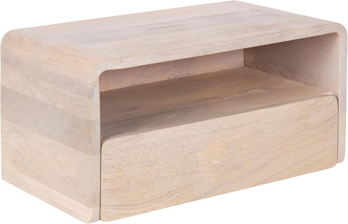 Kate and Laurel Kato Modern Mango Wood Floating Side Table with Drawer, 18 x 10 x 9, Whitewash, Contemporary Wooden Floating Nightstand for Bedroom Bedside Table or Living Room Wall Storage