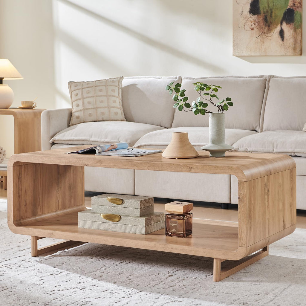 IFGET 48" Modern Coffee Table, 2-Tier Minimalist Center Table with Storage Shelf, Curved Profile Design, Wooden Rectangular Living Room Table w/Wood Thick Design for Living Room, Office, Natural Oak