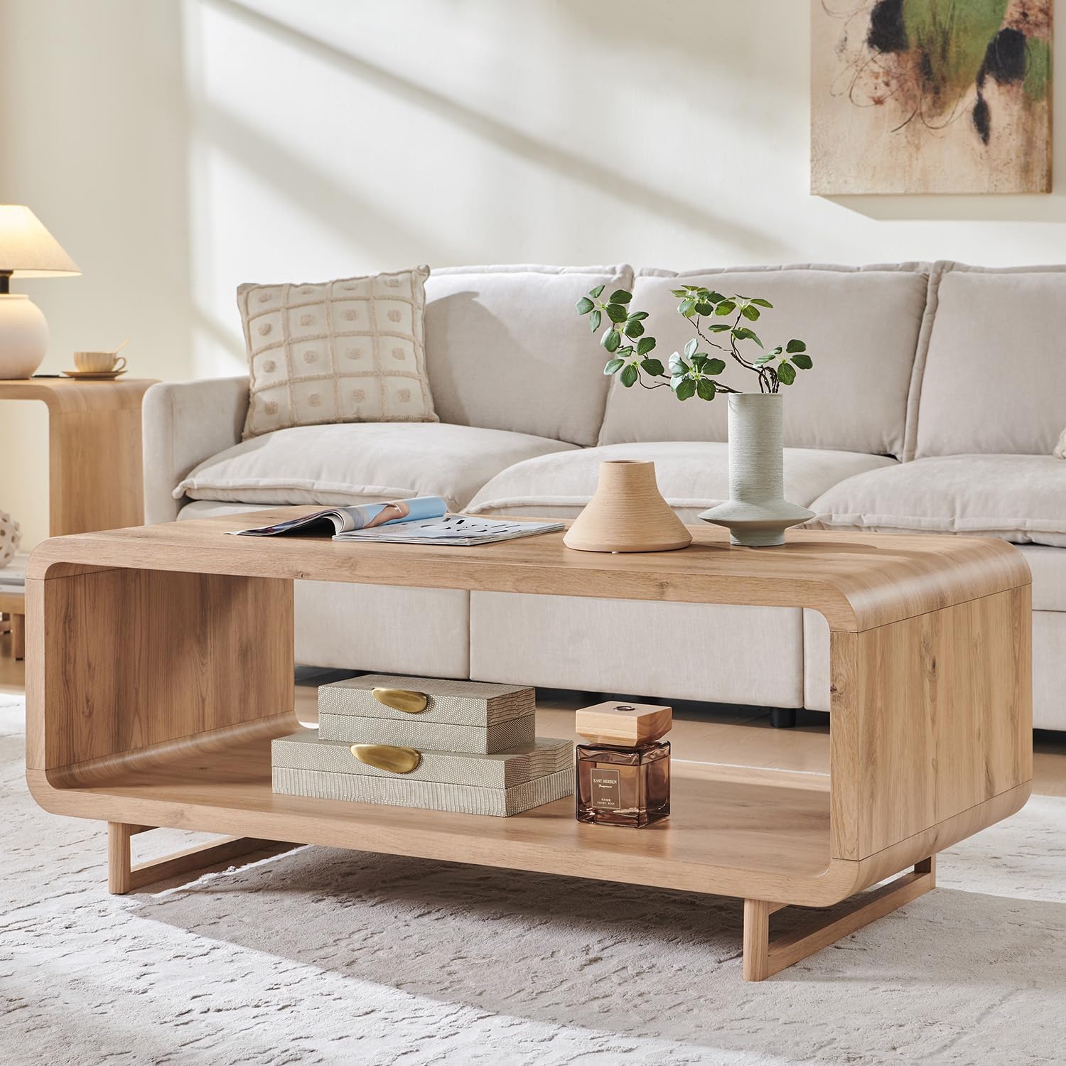 IFGET 48" Modern Coffee Table, 2-Tier Minimalist Center Table with Storage Shelf, Curved Profile Design, Wooden Rectangular Living Room Table w/Wood Thick Design for Living Room, Office, Natural Oak