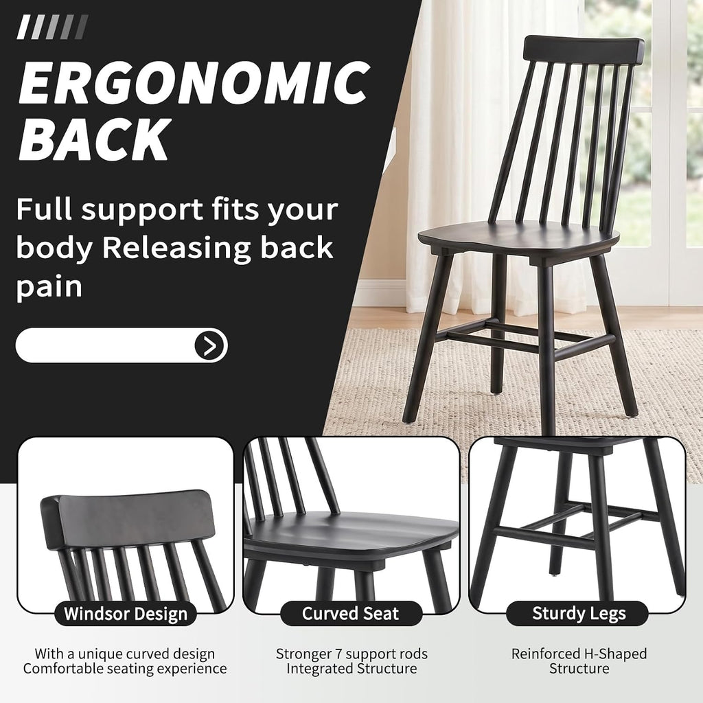 Black Wood Dining Chairs Set of 6, Windsor Farmhouse | Spindle Back, Solid Wood, Farmhouse Style, for Kitchen & Dining Room, Easy Assembly, Set of 6 Black, Country Decor