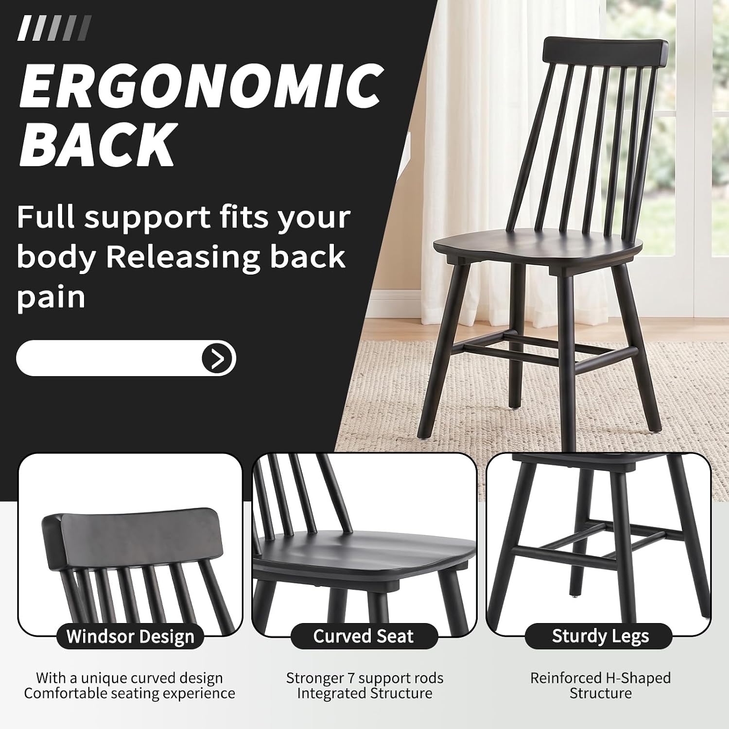 Black Wood Dining Chairs Set of 6, Windsor Farmhouse | Spindle Back, Solid Wood, Farmhouse Style, for Kitchen & Dining Room, Easy Assembly, Set of 6 Black, Country Decor