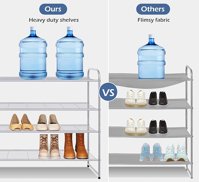KEETDY 4-Tier Long Shoe Organizer for Closet Floor, Wide Shoe Rack for Closet, Stackable Shoe Rack for Entryway Metal Shoe Shelf for 30 Pairs Men Sneakers with Wire Grid for Bedroom, Grey
