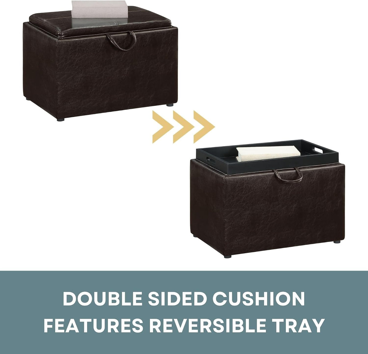 Convenience Concepts Designs4Comfort Accent Storage Ottoman 22.75" - Modern Foot Stool with Decorative Tray for Living Room, Dining Room, Office, Den, Espresso Faux Leather