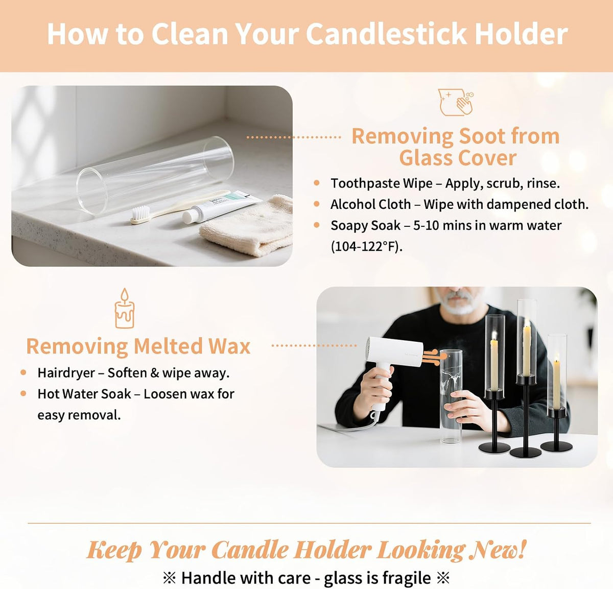 NUPTIO Black Candlestick Holders for Centerpiece: Set of 3 Hurricane Taper Holder with Windproof Glass Cover Long Stem Cylinder Metal Candle Sticks Stands for Halloween Christmas Table Decoration