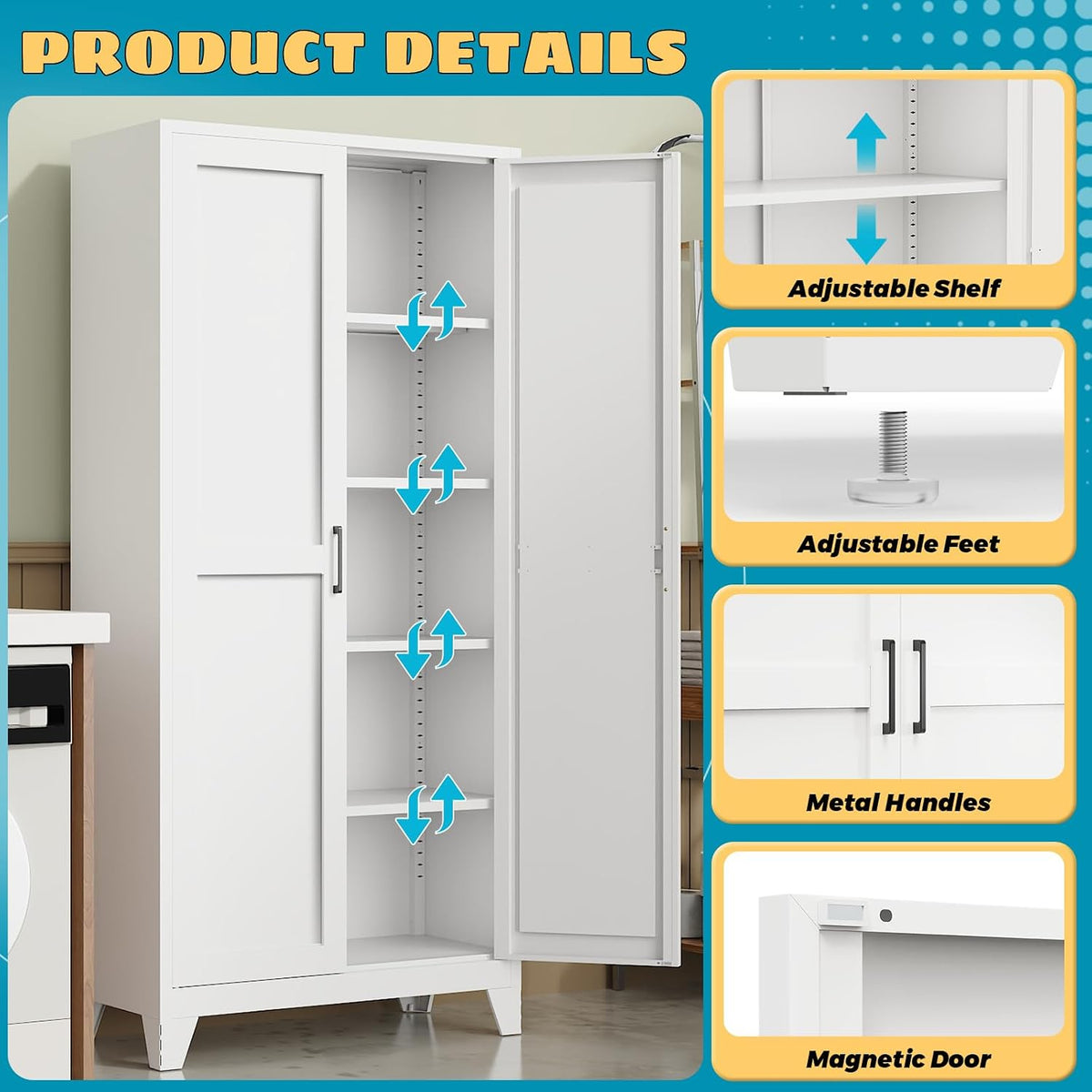 75" Pantry Cabinet,Kitchen Storage Cabinet with Adjustable Shelves | 1000 LBS Capacity Metal Pantry Cabinet with Magnetic & Anti-Tip,Storage Cabinet with Adjustable Feet for Kitchen,Dining Room