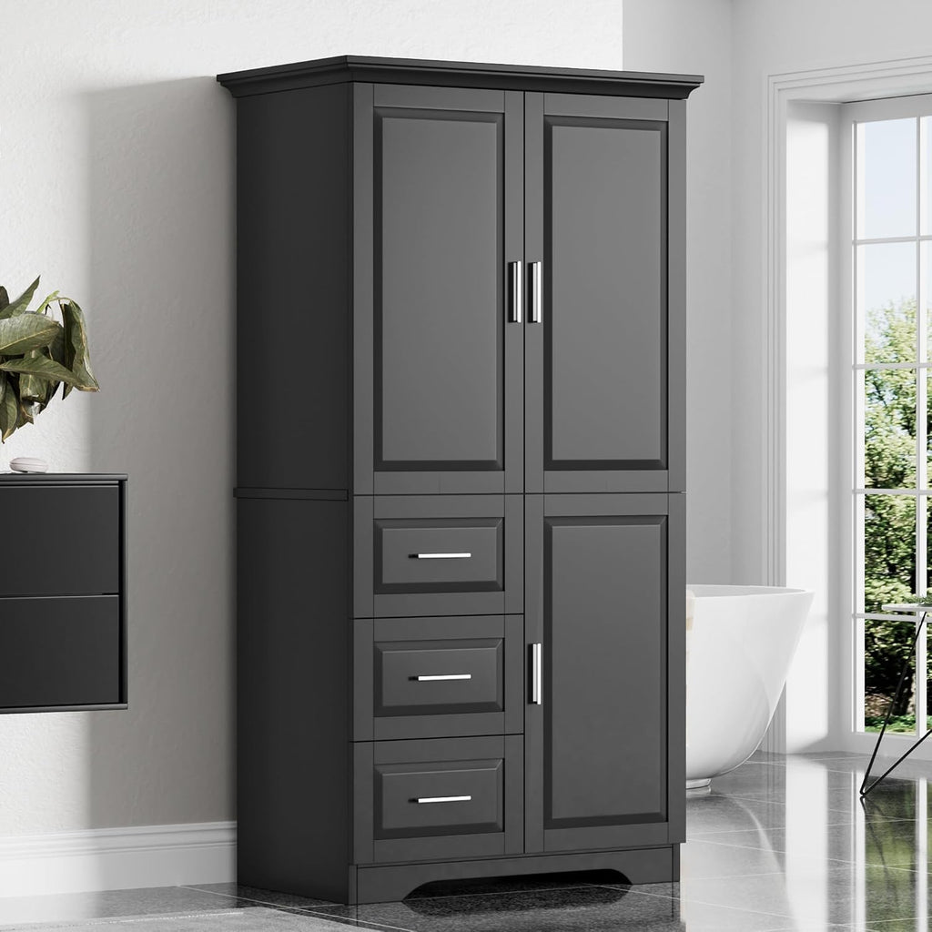 Merax 62.2" Pantry Cabinet with Three Doors & Three Drawers, Adjustable Shelves Storage Cupboard for Kitchen/Dining Room/Bathroom, Black