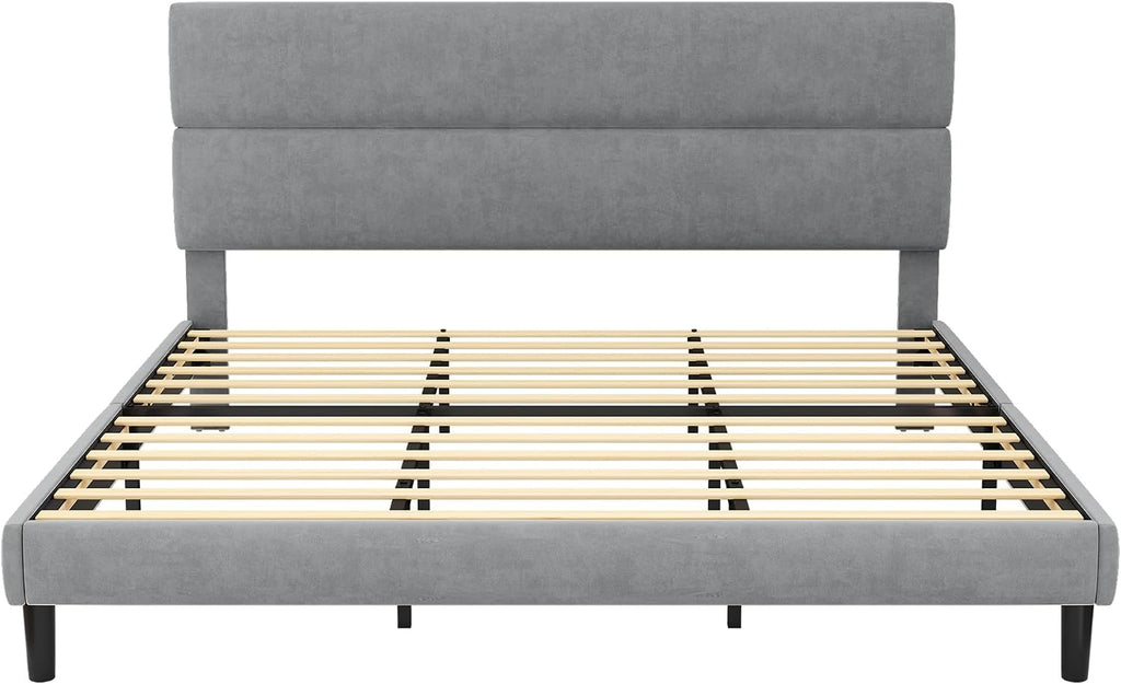 GRUSIGN King Size Platform Bed Frame with Velvet Headboard, Adjustable Height Wooden Slats Support, Upholstered Mattress Foundation, Fits Mattress or Mattress with Box Spring, Easy Assembly, Grey