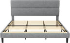 GRUSIGN King Size Platform Bed Frame with Velvet Headboard, Adjustable Height Wooden Slats Support, Upholstered Mattress Foundation, Fits Mattress or Mattress with Box Spring, Easy Assembly, Grey