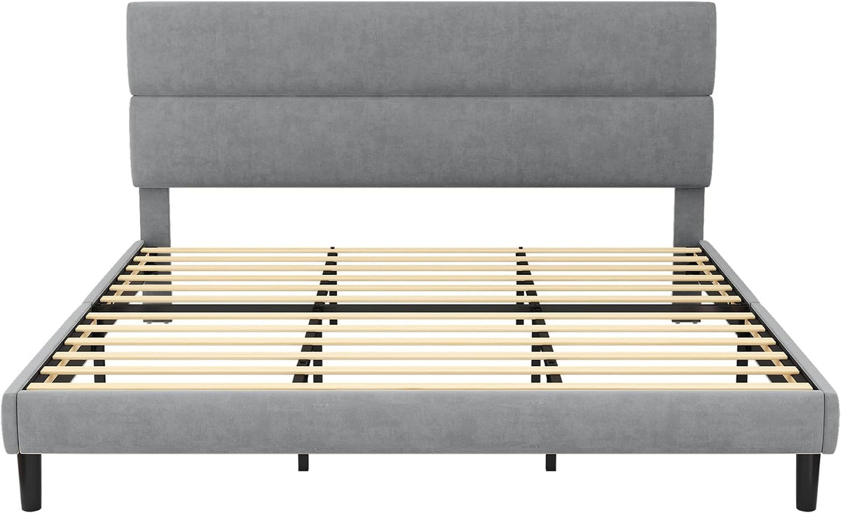 GRUSIGN King Size Platform Bed Frame with Velvet Headboard, Adjustable Height Wooden Slats Support, Upholstered Mattress Foundation, Fits Mattress or Mattress with Box Spring, Easy Assembly, Grey