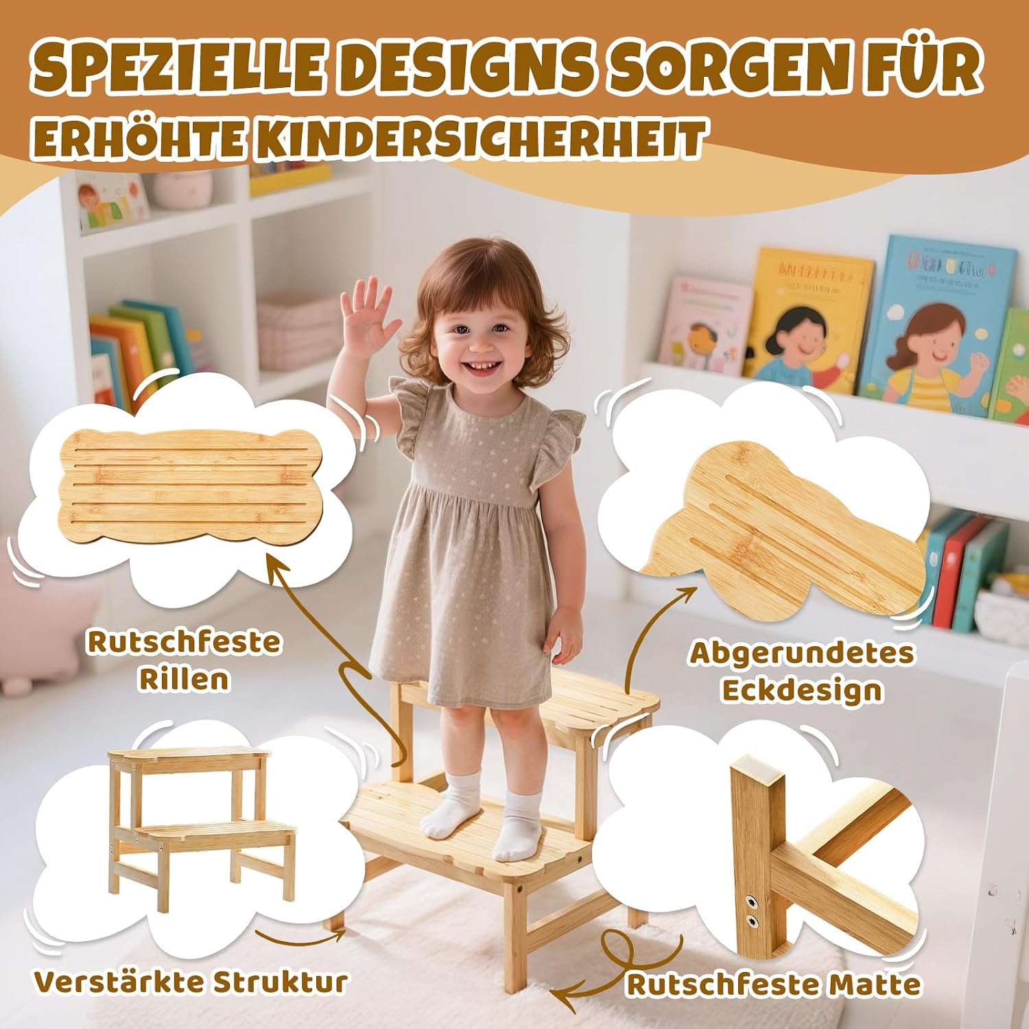 COSYLAND Tritthocker mit 2 Stufen | Kindertreppchen Schemel | Kindermöbel für Bad, Küche, Kinderzimmer ab 2 Jahre | Toilettenhocker (Natural)
