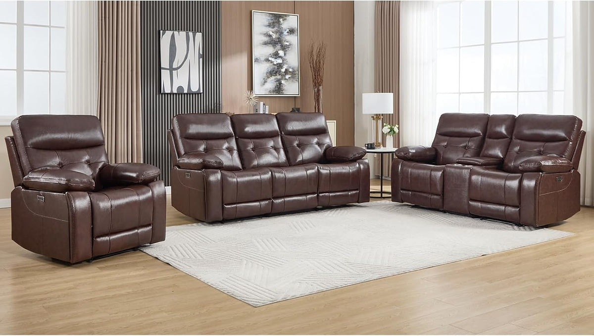 CANMOV Genuine Leather Power Reclining Sofa Set,Living Room Furniture Sofa Set,Power Recliner Chair,Loveseat and Sofa with Storage Console, USB Ports, Cup Holders for Living Room,Dark Brown