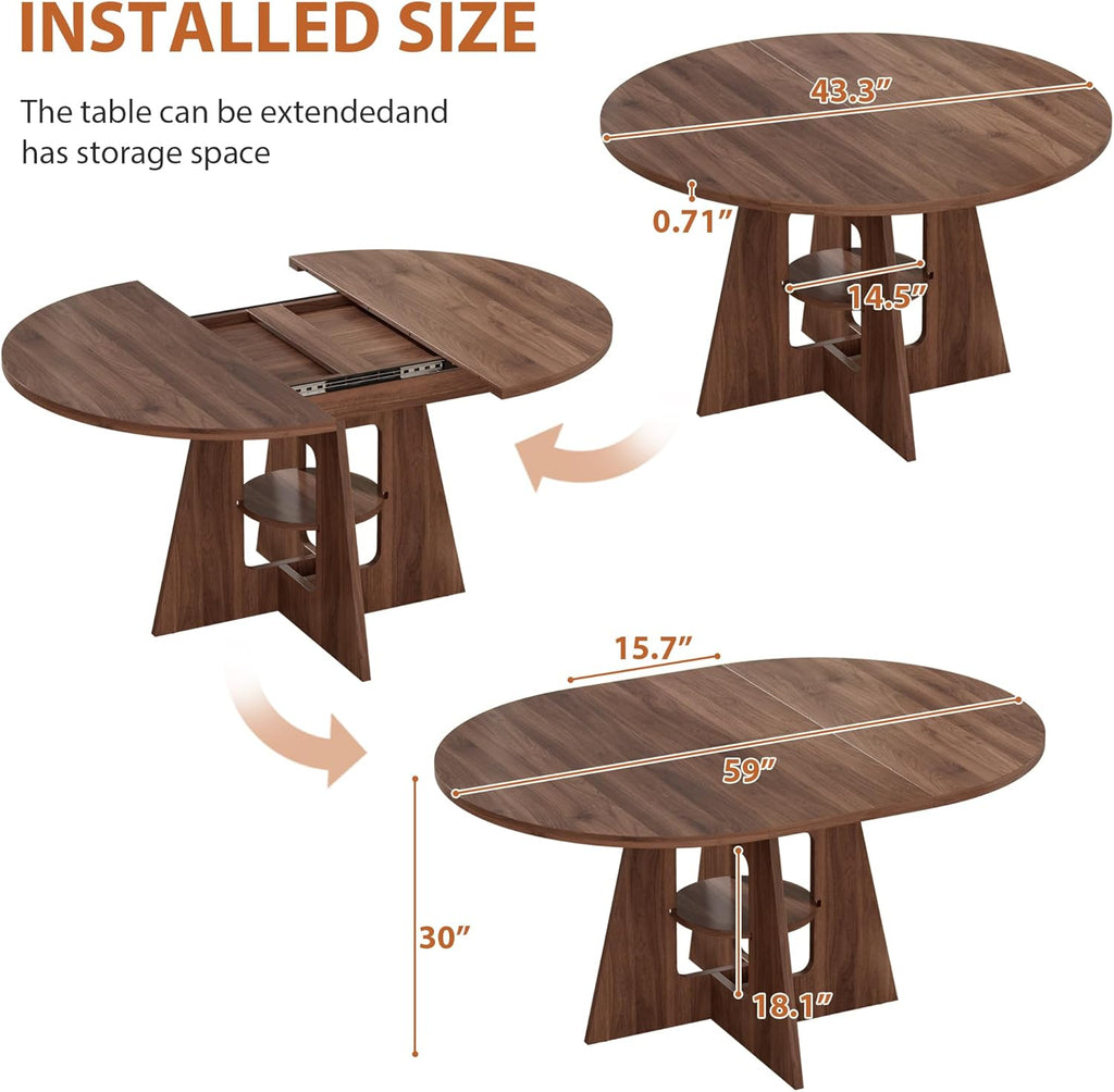 Extendable Round Dining Table for 4-8, 43.3in-59in Modern Kitchen Dining Table with Storage Shelf, Oval Dinner Table, Dining Room for Dining Living Room, Easy Assembly