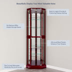 BELLEZE Lighted Corner Display Curio Cabinet Wooden Curved Shelving Unit with Tempered Glass Door, Bar and Liquor Storage Area with 6 Shelves - Ashfield (Cherry)