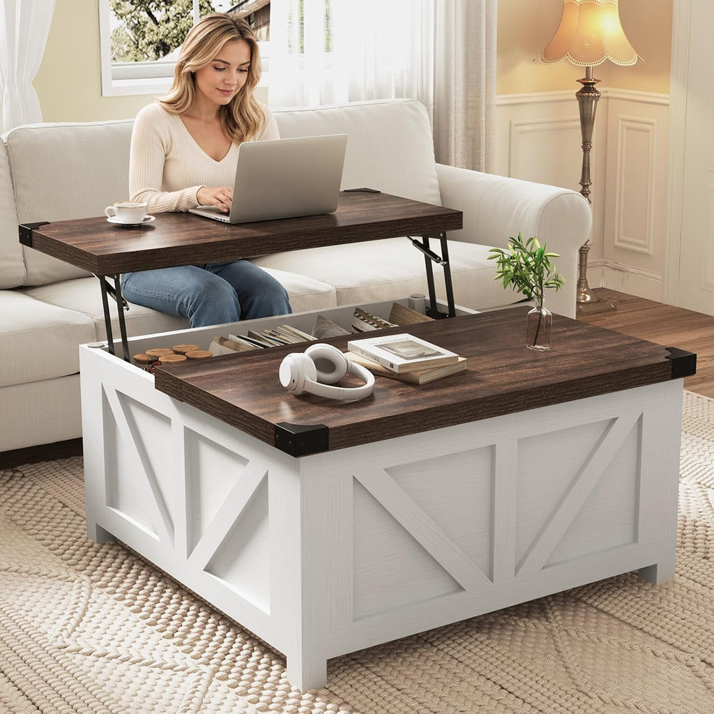 jimeimen Farmhouse Lift Top Coffee Table with Storage, Wood Square Center Table with Charging Station&USB Port, Living Room Table w/Large Hidden Space, for Living Room, Bedroom, Home Office, White