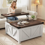 jimeimen Farmhouse Lift Top Coffee Table with Storage, Wood Square Center Table with Charging Station&USB Port, Living Room Table w/Large Hidden Space, for Living Room, Bedroom, Home Office, White