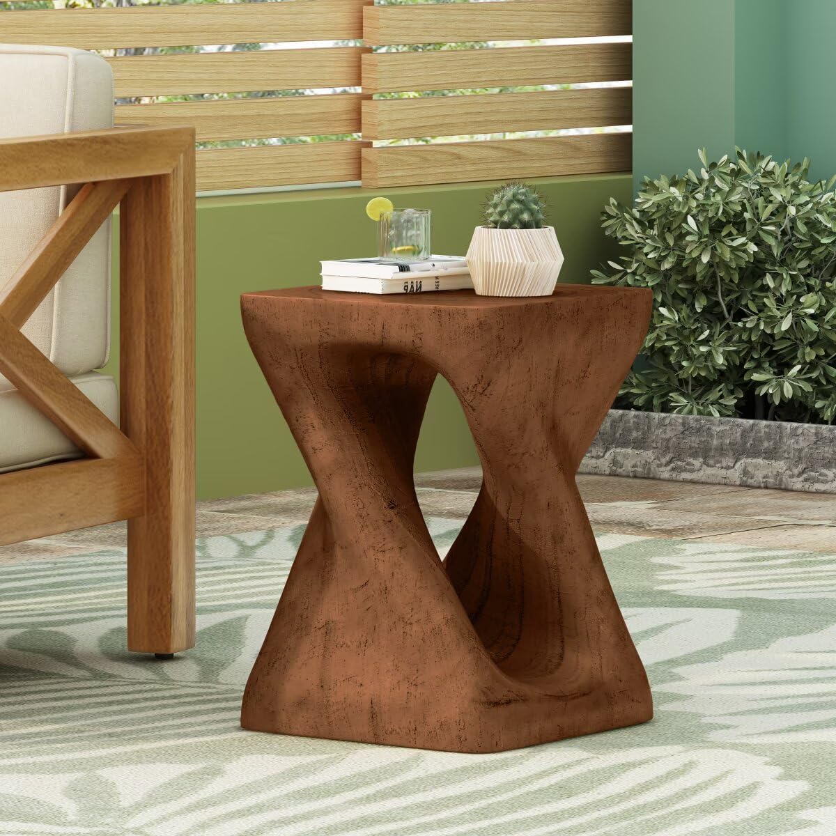 Modern End Table Square Solid Wood Pedestal Side Table Rustic Plant Stand with Twisted Design for Living Room, Bedroom, Office, Antique Brown