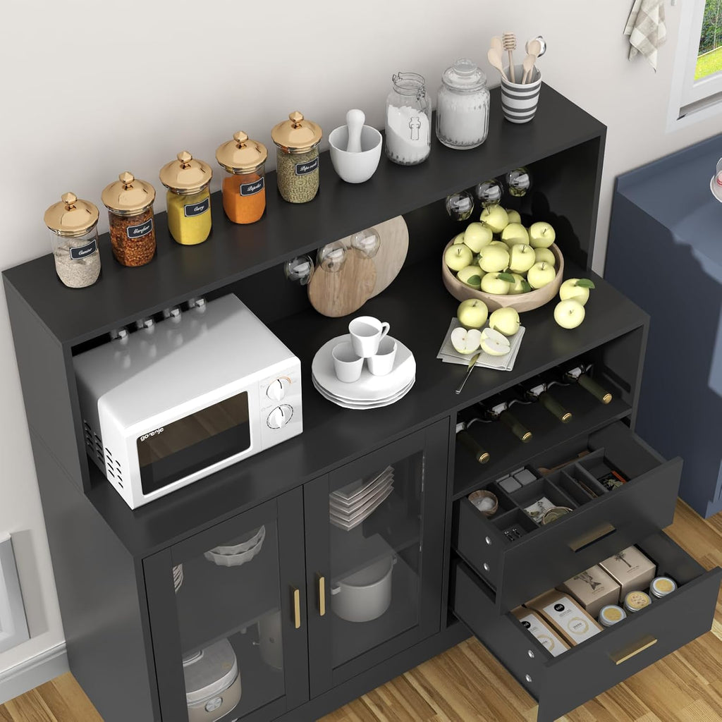 Bar Cabinet for Home with LED Light,Coffee Bar Cabinet w/ Wine & Glass Rack | Wine Cabinets with Drawers & Microwave Stand, Modern Liquor Cabinets for Kitchen, Living Room, Dining Room (Black)