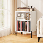 Tangkula Record Player Stand, Turntable Side Table Nightstand w/Charging Station & Vinyl Record Storage Cabinet Holds up to 150 Albums, Record Player Holder for Living Room (White, 31" H)