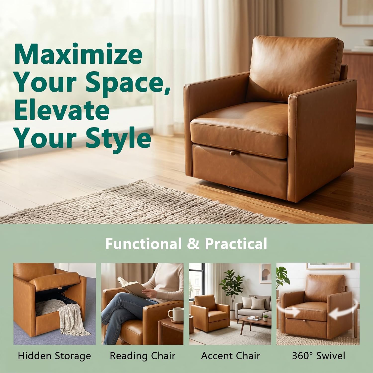 Swivel Accent Chair with Hidden Storage, Mid Century Modern Square Armchair, Comfy Upholstered Reading Single Sofa Chair for Living Room, Faux Leather, Brown, 1 Pack